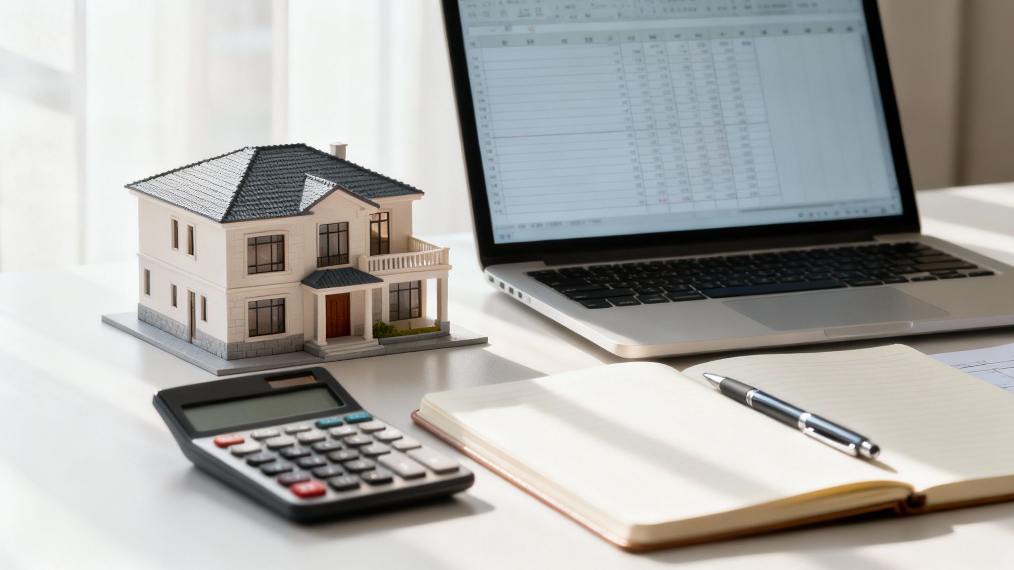 A miniature house model, calculator, laptop with a spreadsheet, and notebook on a white desk.