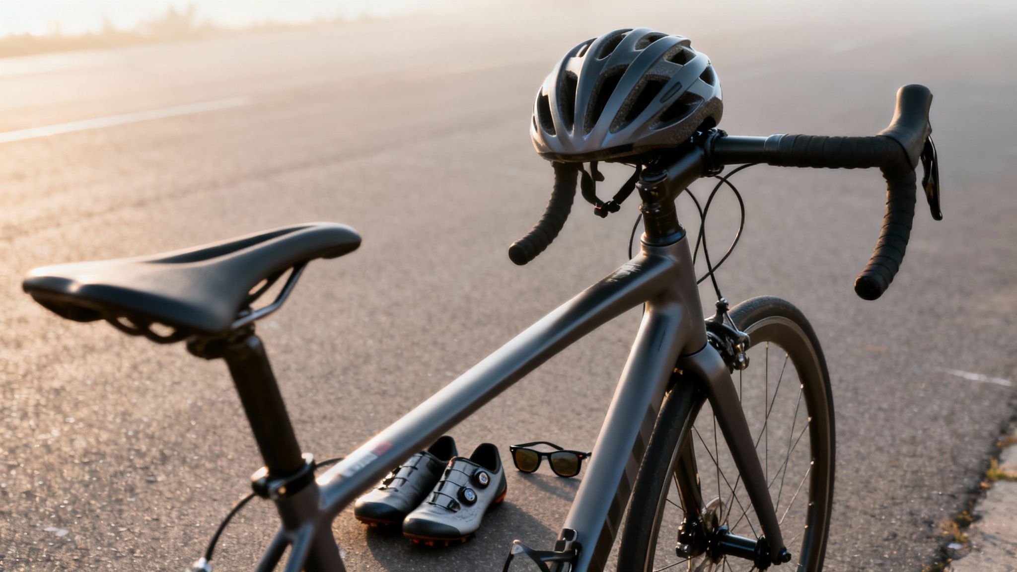 A road bike with a helmet on the handlebars, cycling shoes, and sunglasses on an asphalt road at sunrise.