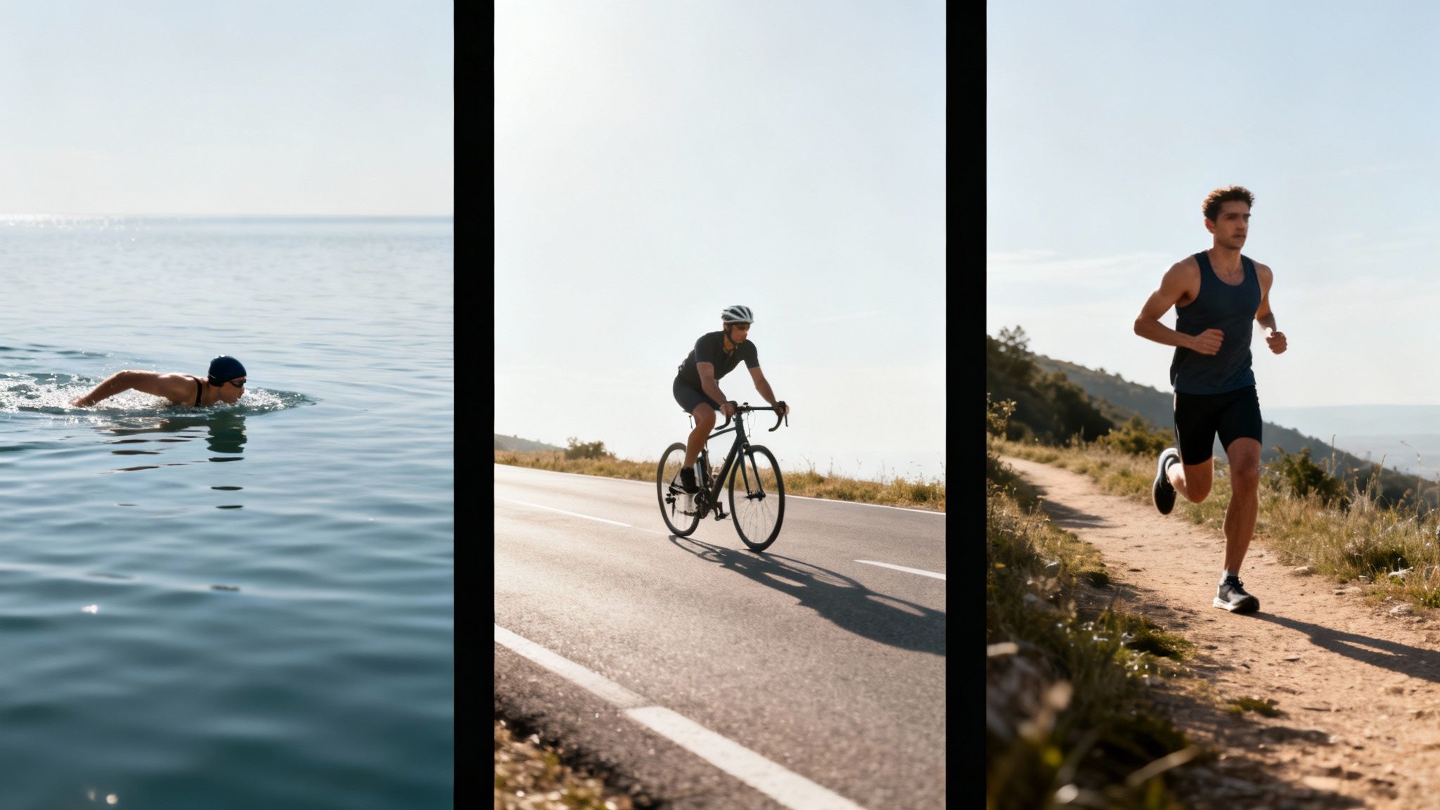 Three athletes shown in separate panels: swimming in open water, cycling on a road, and running on a trail.