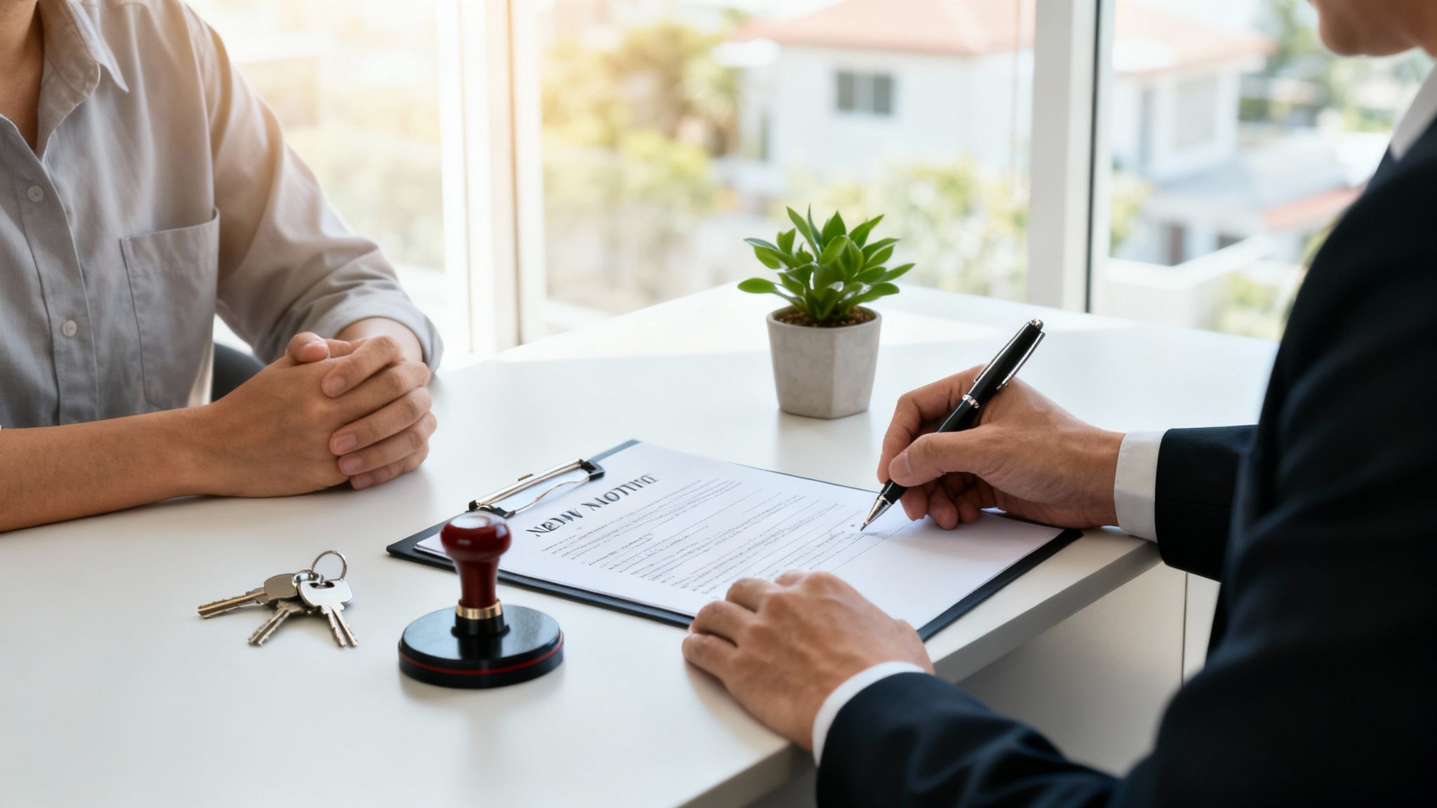 A real estate agent signs a property contract with a client, with keys and stamp.
