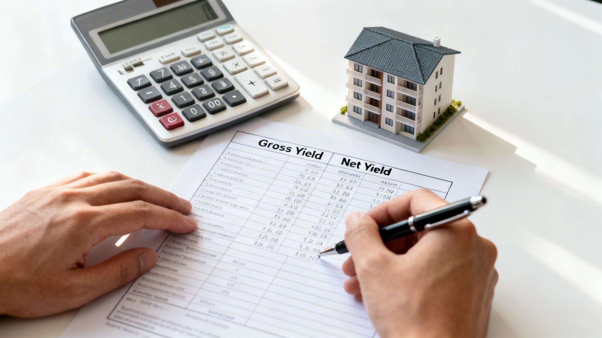 A person calculates real estate investment yields, using a calculator and reviewing a financial document alongside a miniature house model.