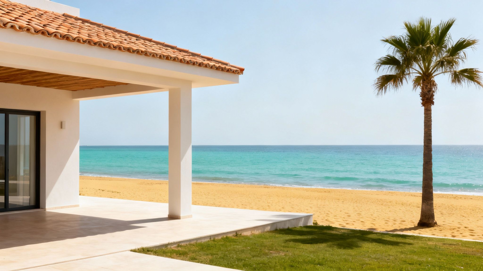 A luxurious beachfront house with a tiled roof and patio overlooking a sandy beach and turquoise sea.