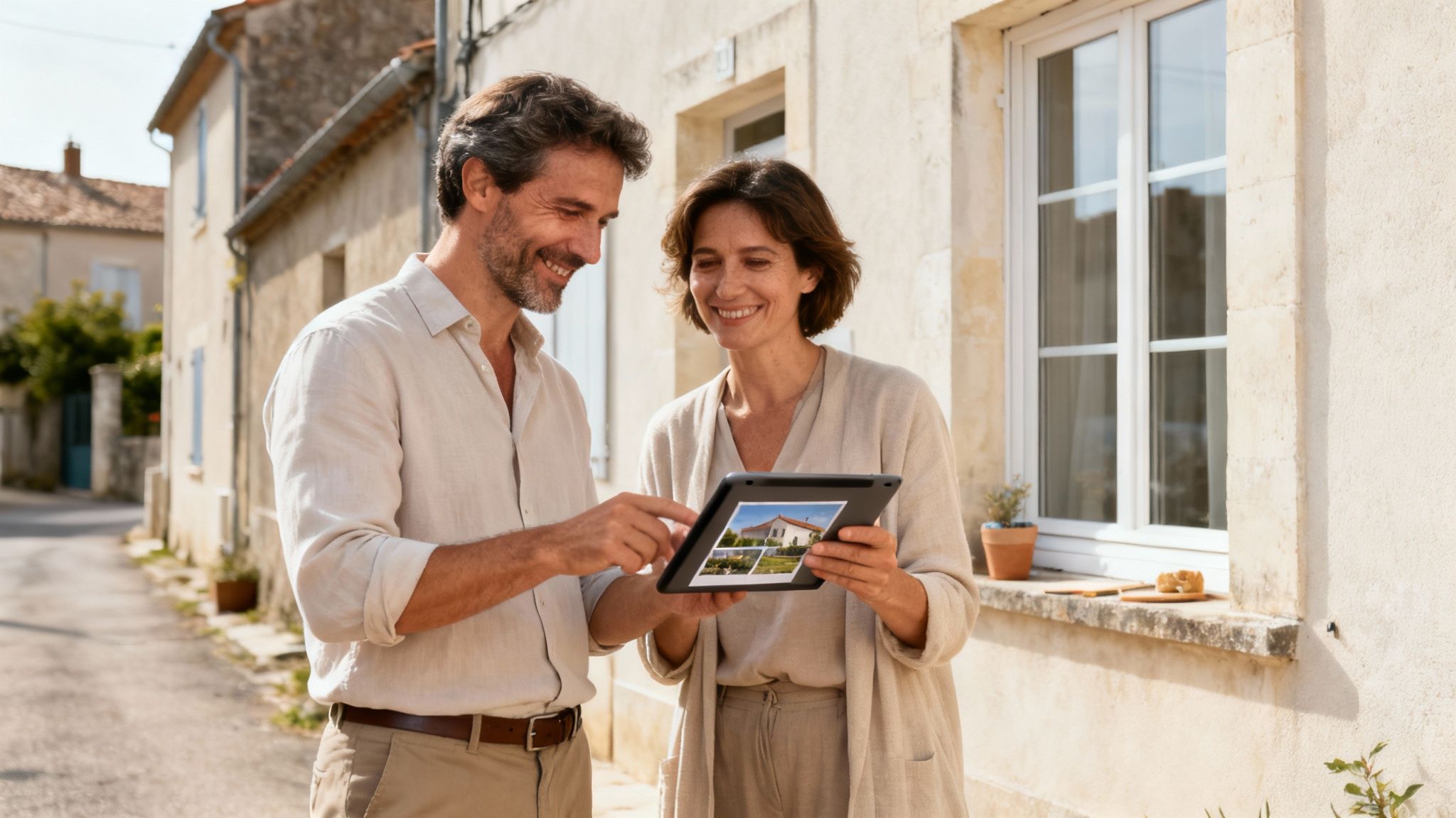 Smiling couple browsing real estate listings on a tablet, looking at beautiful houses in France.