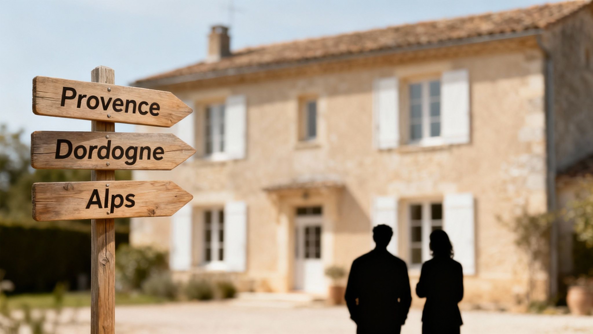 Wooden signpost pointing to Provence, Dordogne, and Alps, in front of a French house with two people.