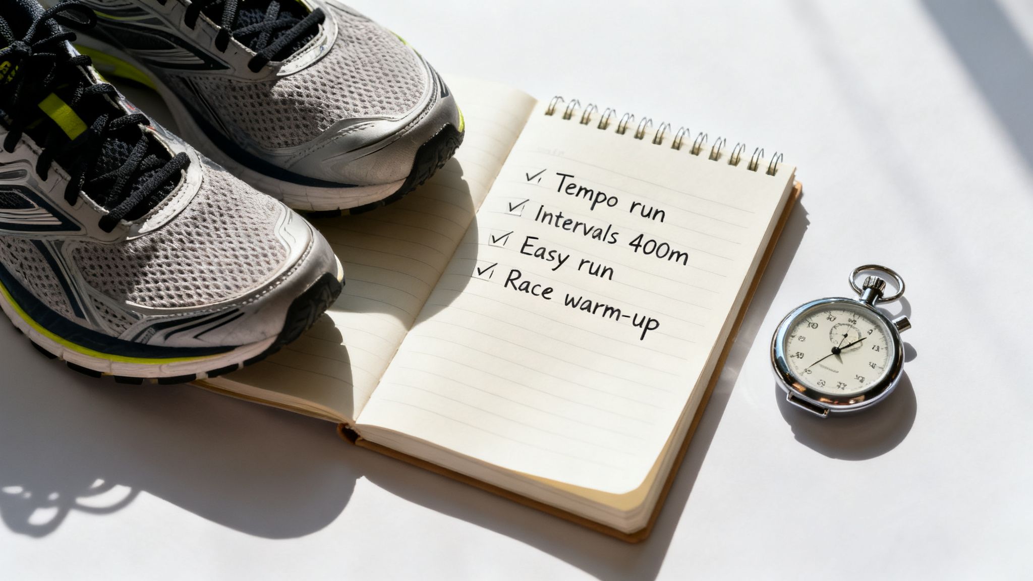 Running shoes, an open notebook with a marked workout plan, and a stopwatch on a white surface.