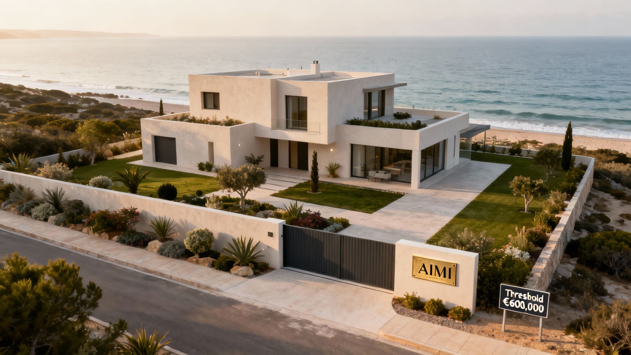 An aerial view of a modern beachfront villa with a landscaped garden, pool, and ocean backdrop.