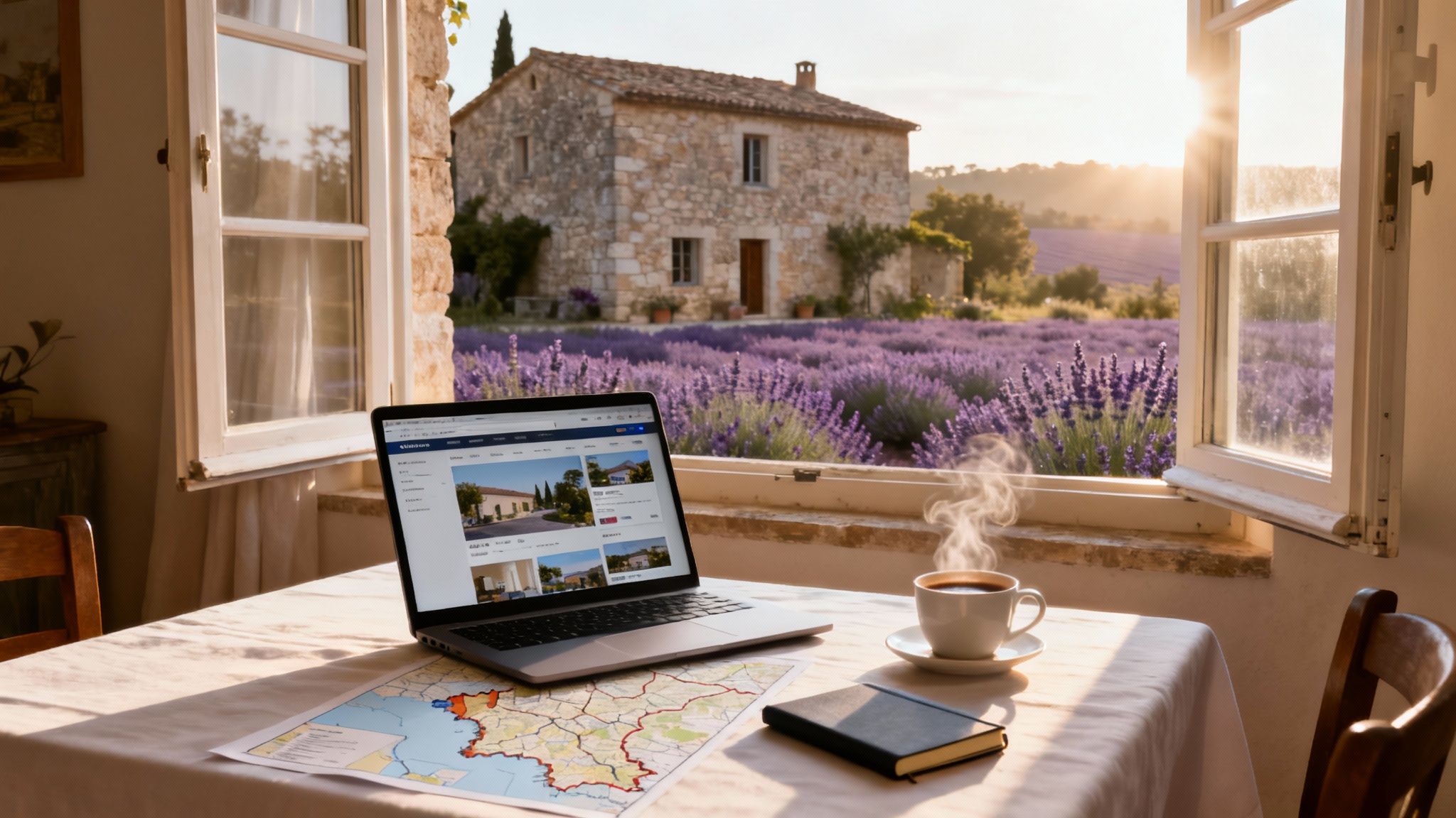 A laptop on a table with a map and coffee, overlooking a stone house in a lavender field at sunset.