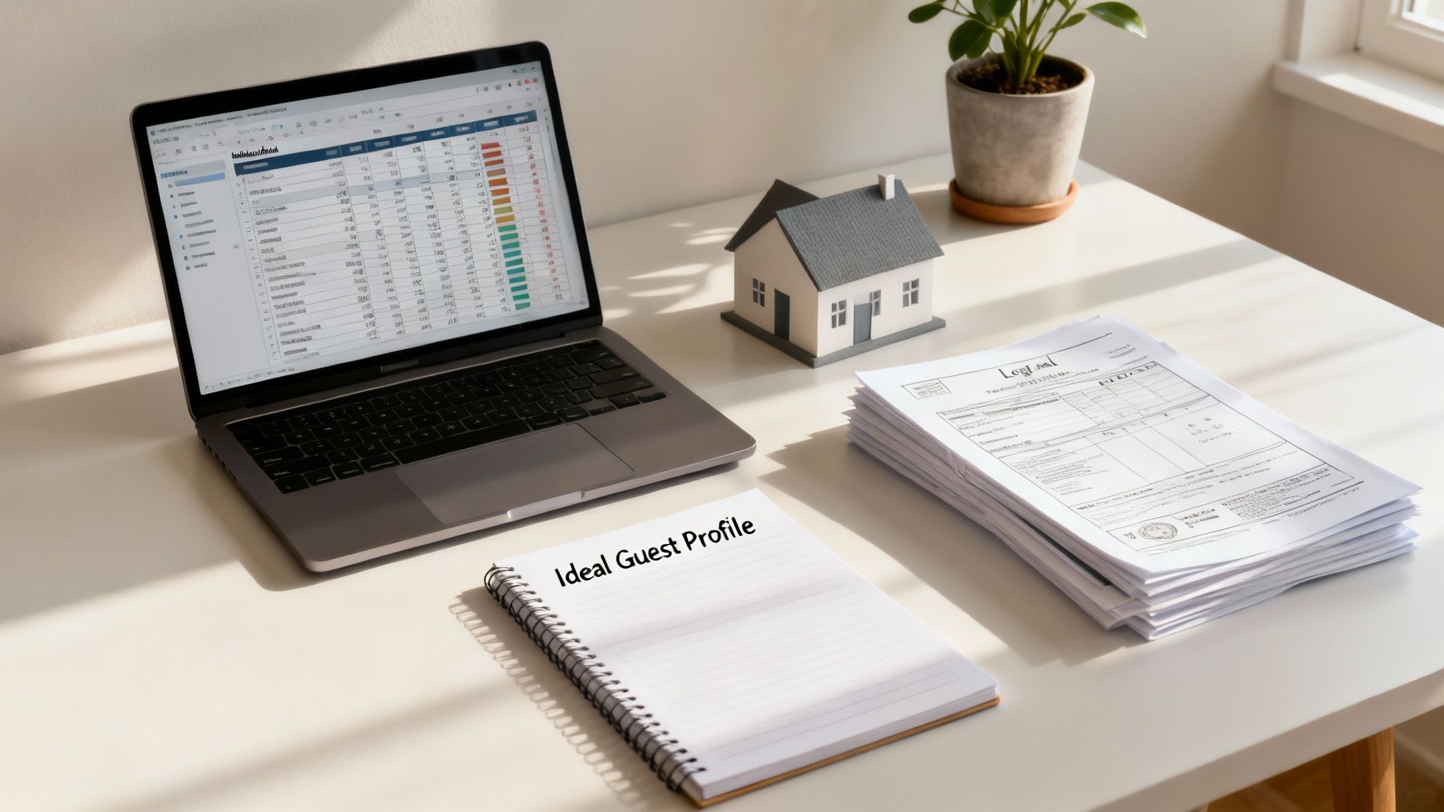 A modern living room with large windows overlooking a scenic, wooded area, representing a vacation rental property.