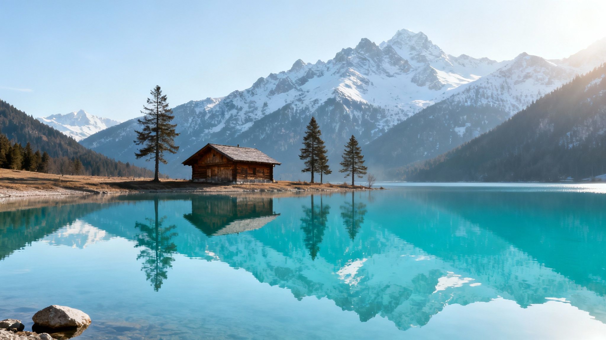 A rustic wooden cabin sits by a serene turquoise lake, with majestic snow-capped mountains and pine trees reflected in the clear water.
