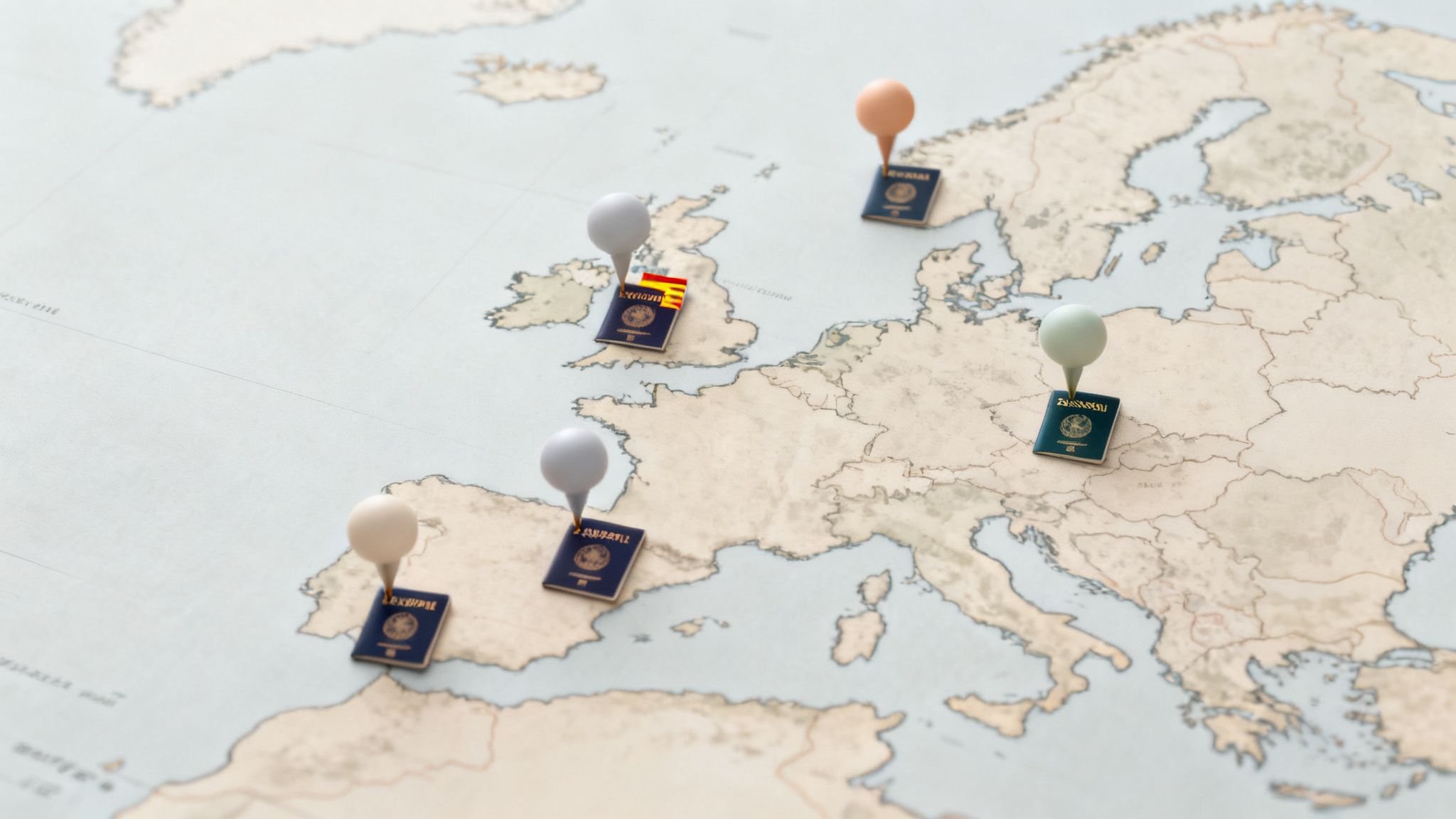 Miniature passports with pushpins placed on a map of Europe, symbolizing international travel or citizenship.