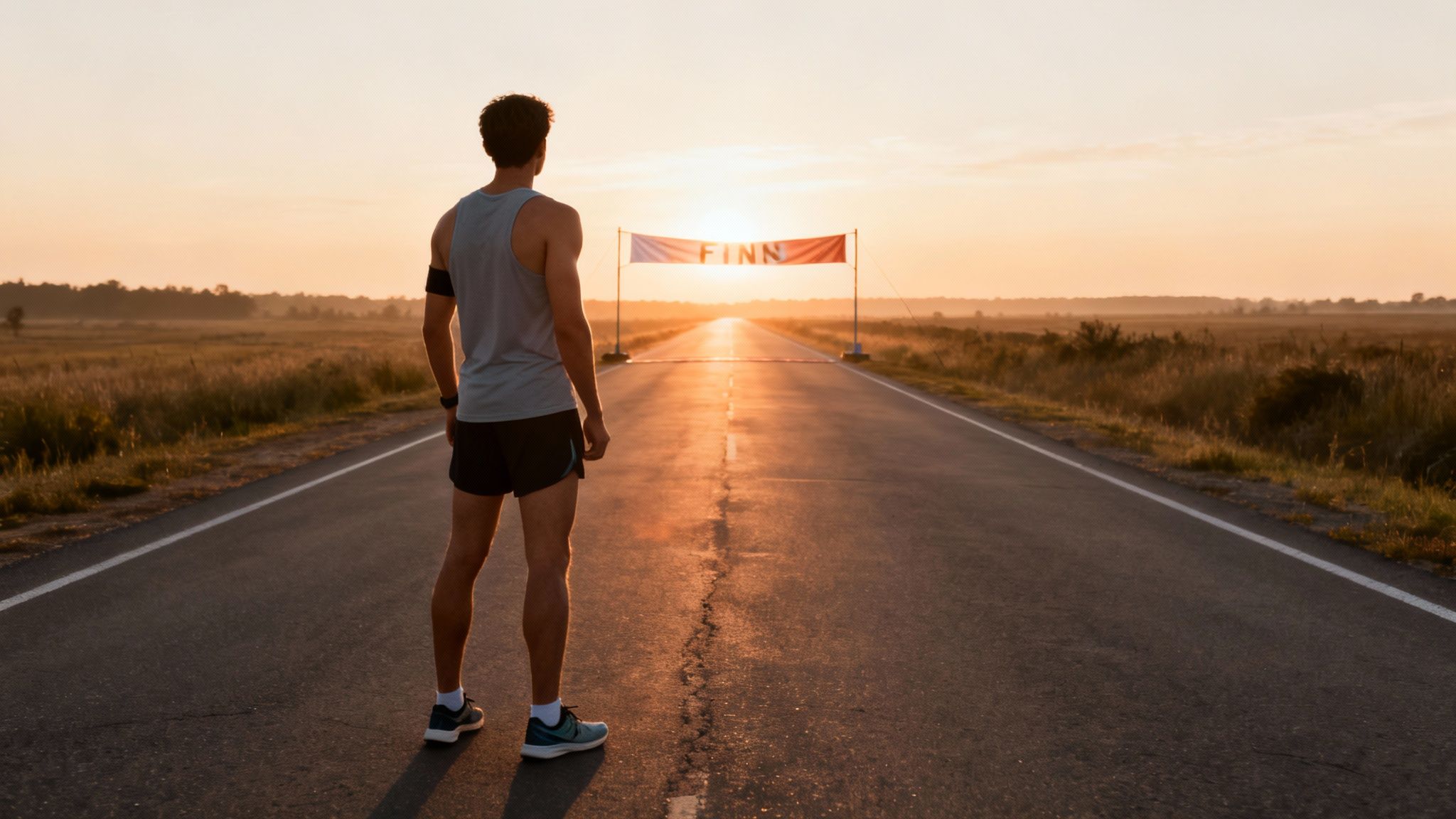 A male runner stands on a long road, looking at a distant finish line banner at sunset.