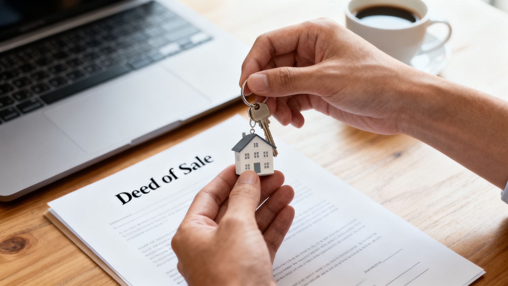 Hands holding a house keychain and key over a 'Deed of Sale' document.