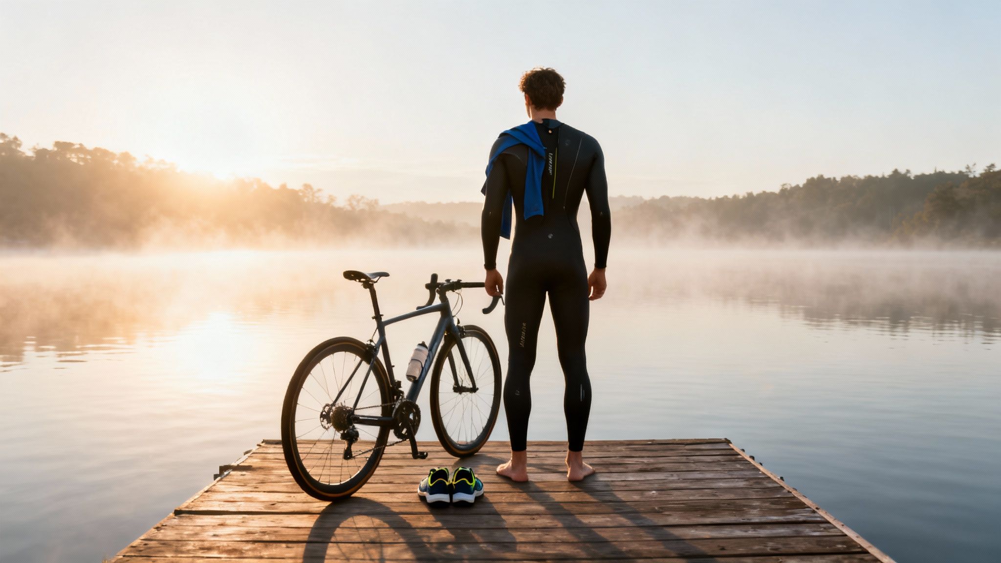 A triathlete stands on a dock with a bike and shoes, looking at a misty lake at sunrise.