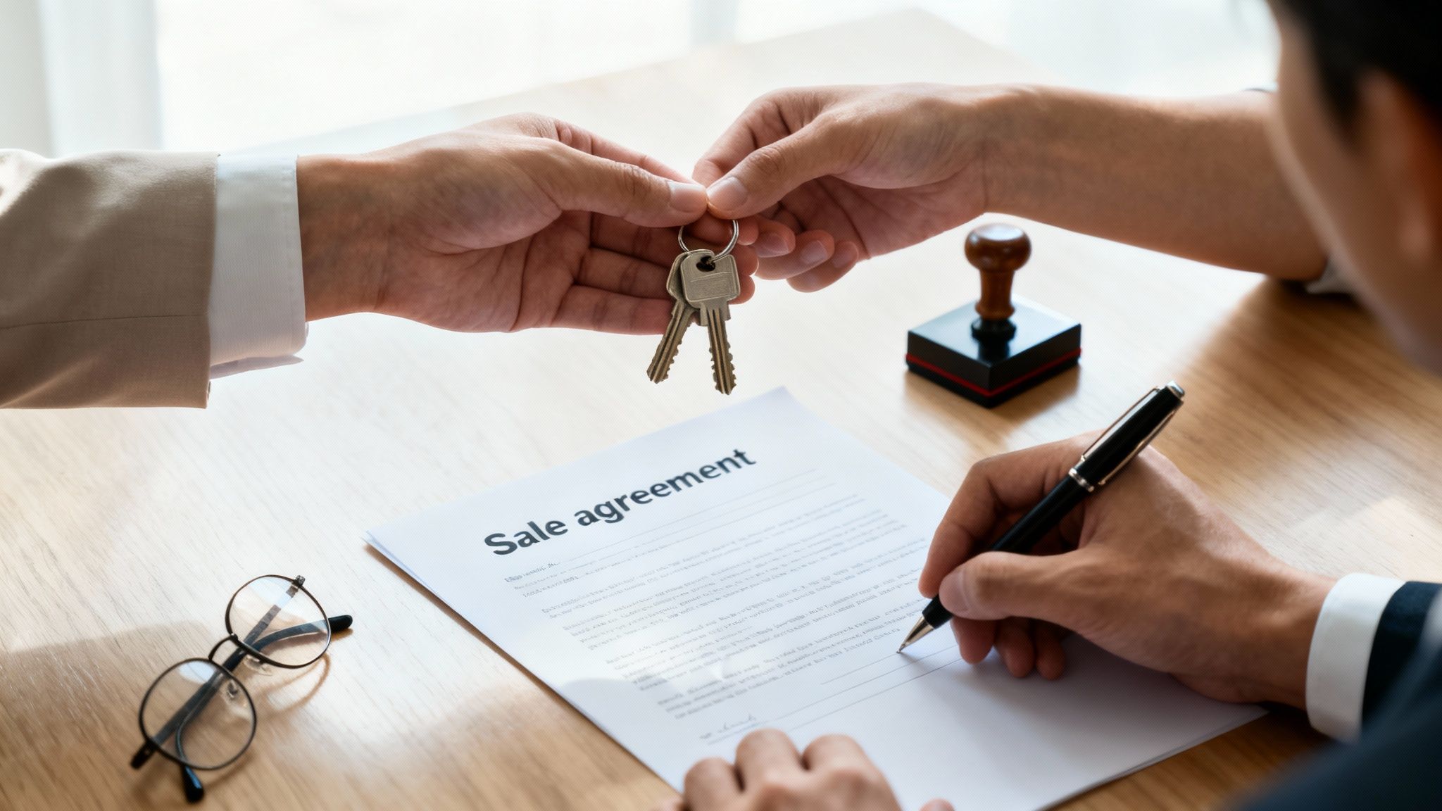 A real estate agent hands house keys to a buyer signing a sale agreement document.
