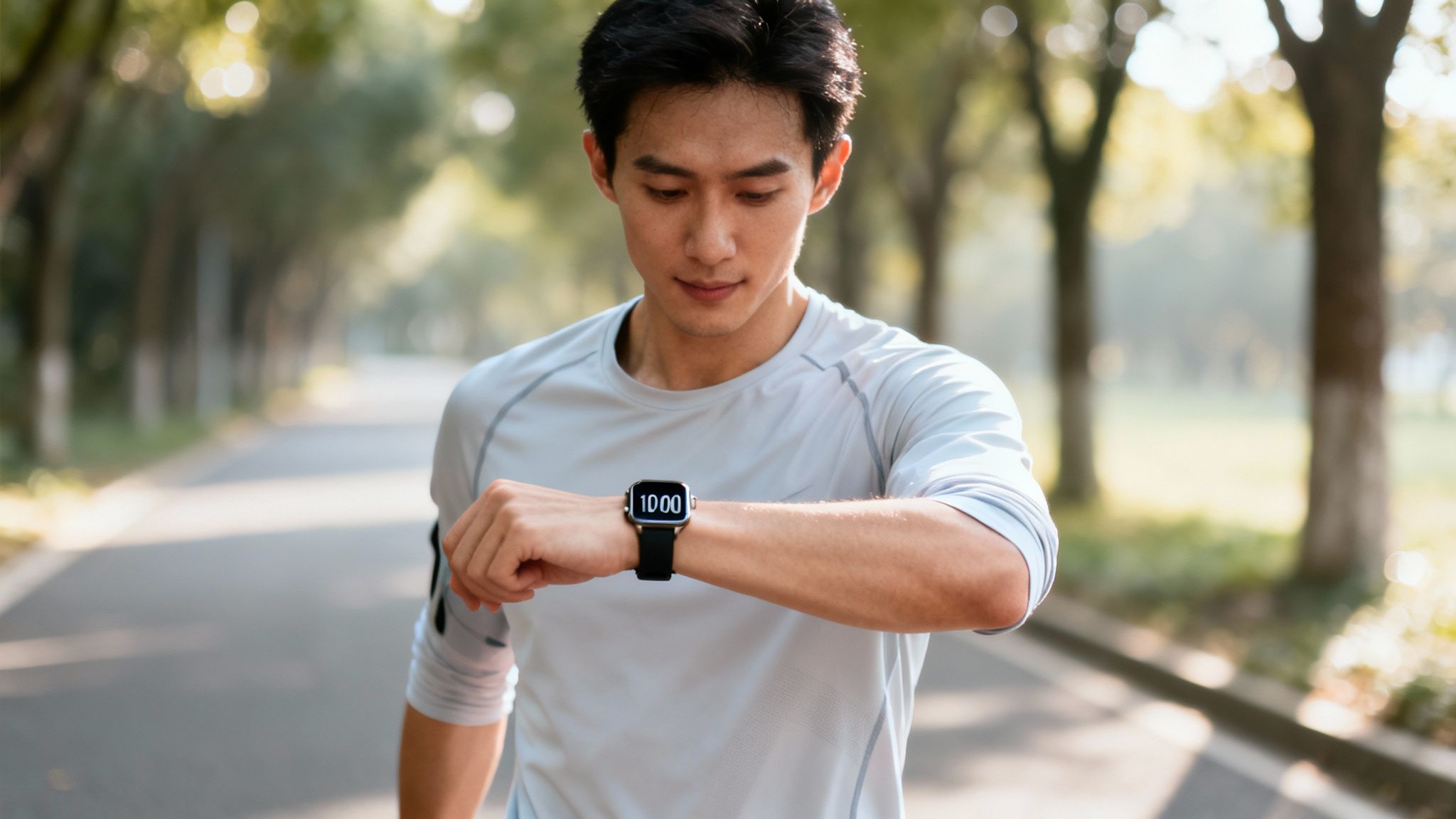 A male runner checks his smartwatch, displaying '10:00', on an outdoor path.