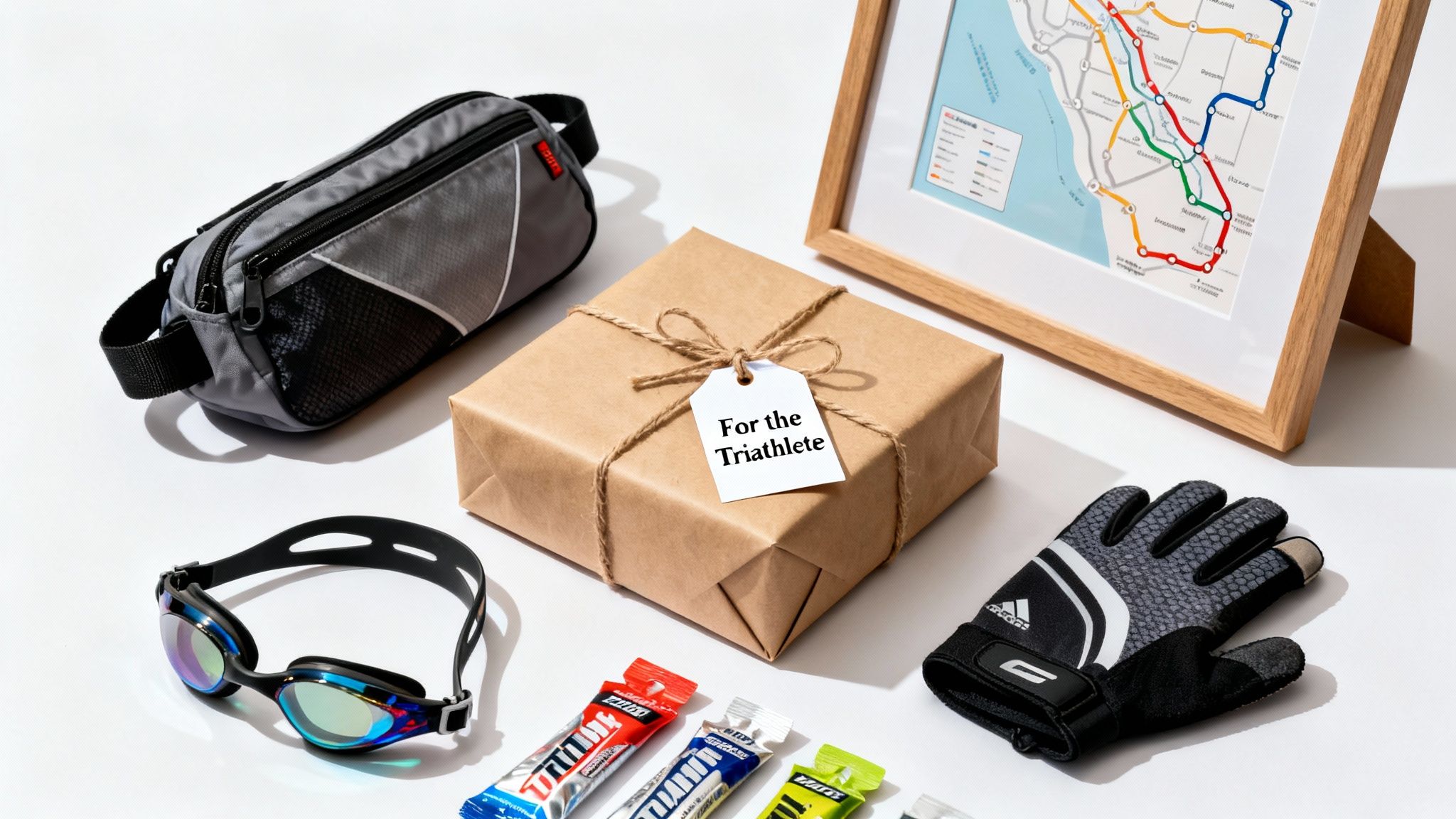 A collection of triathlon gifts: a bike bag, energy gels, swim goggles, cycling glove, and a gift box.