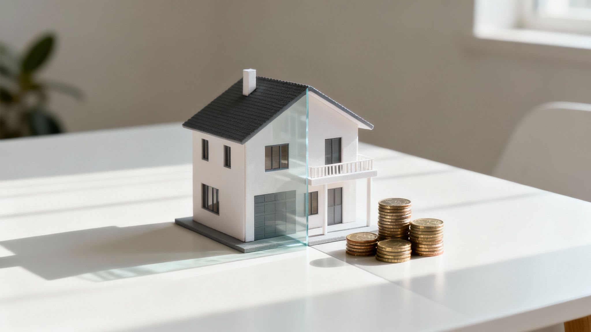 A miniature house model divided by a glass panel, with stacks of gold coins on a white table.