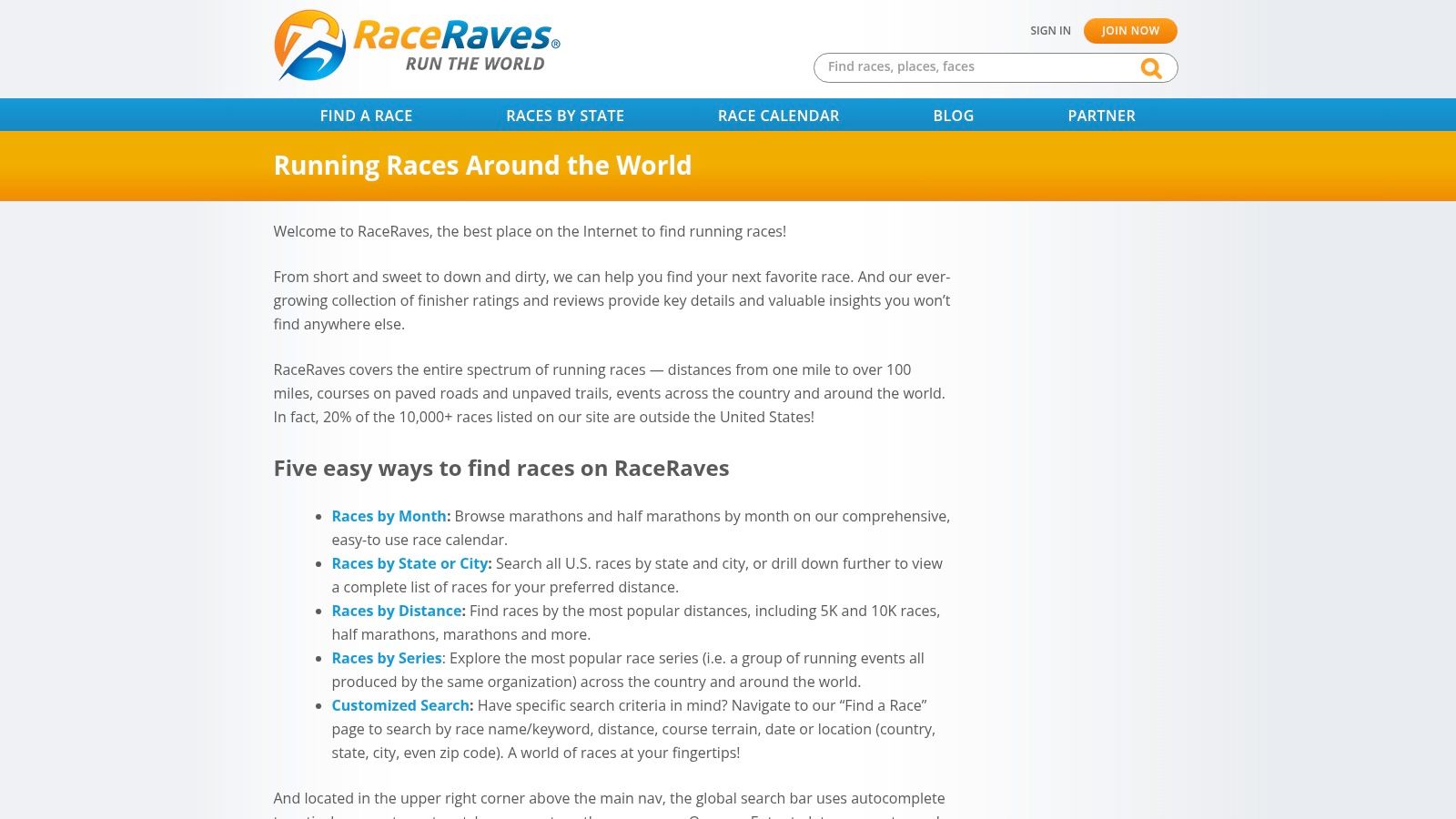 A screenshot of the RaceRaves website showcasing its search and filtering options for finding marathons, with a map and list view.