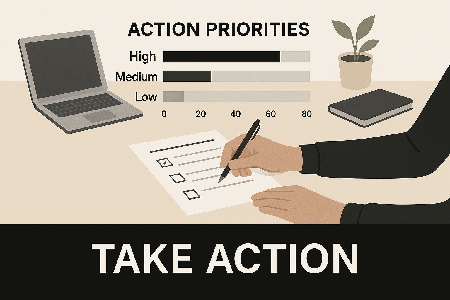 Infographic of a person at a desk filling out forms, with a text block that says 'Take Action'.