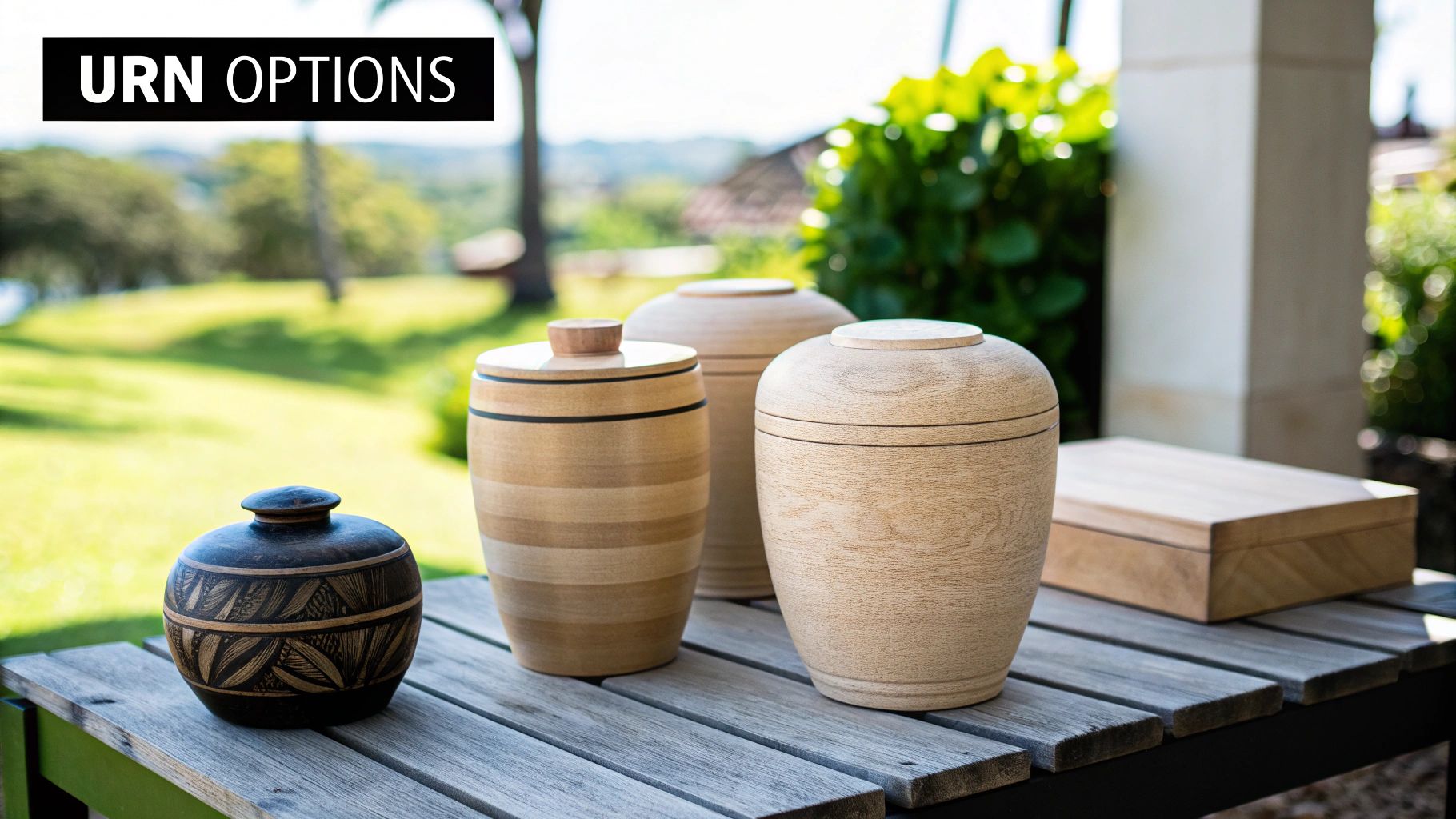 Two hands gently holding a biodegradable urn for ashes, cradling it above a natural landscape.
