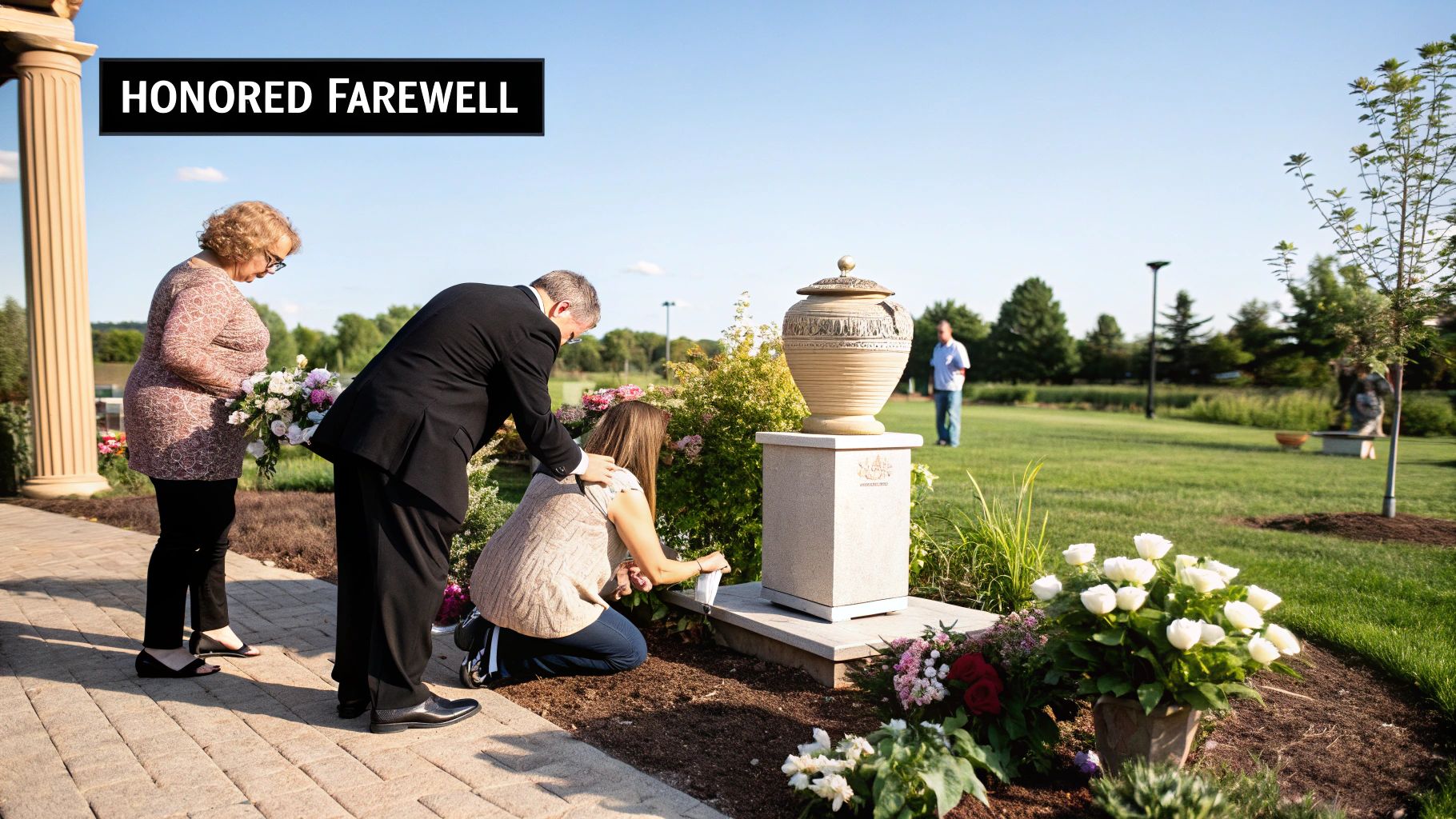 A group of people standing in a field for a memorial ceremony with a biodegradable urn for ashes.