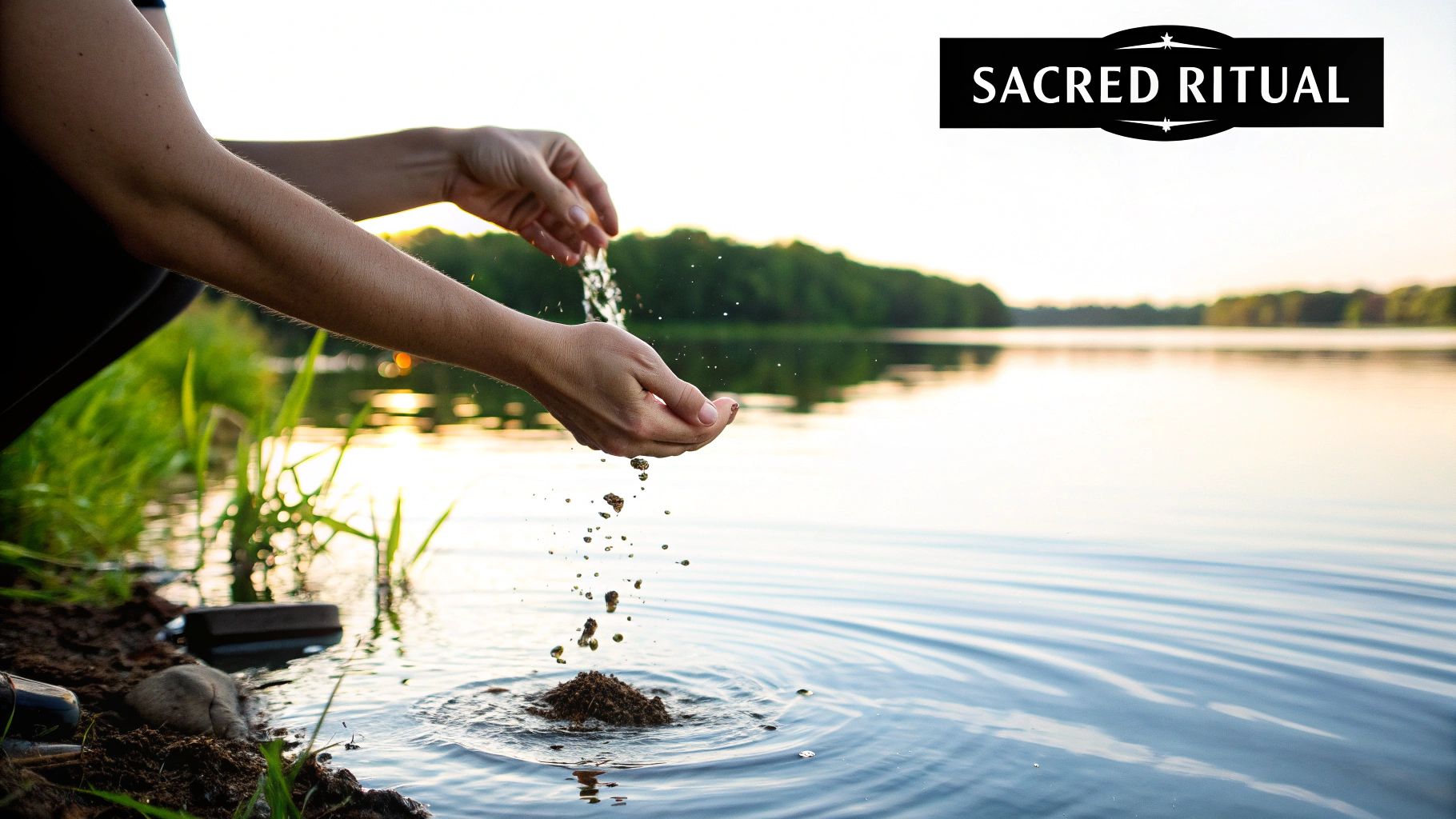 A person's hands gently releasing flower petals and ashes over a body of water, symbolizing a personal and touching memorial.