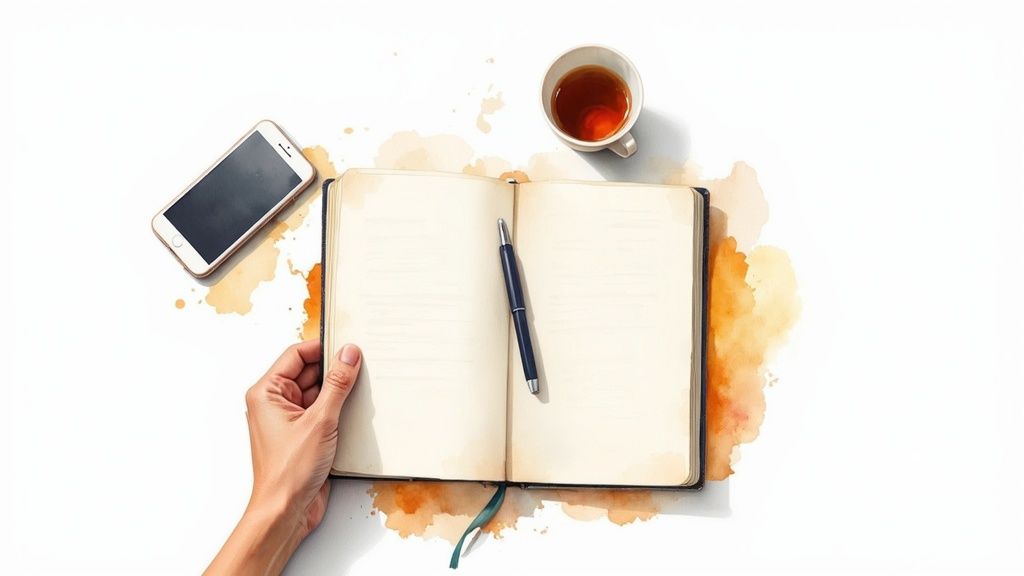 Flat lay of a hand holding an open notebook with a pen, smartphone, and tea cup on a white background.