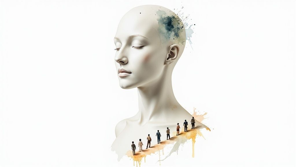 A serene, bald bust with closed eyes, watercolor splashes on head and chest, with small figures walking on it.