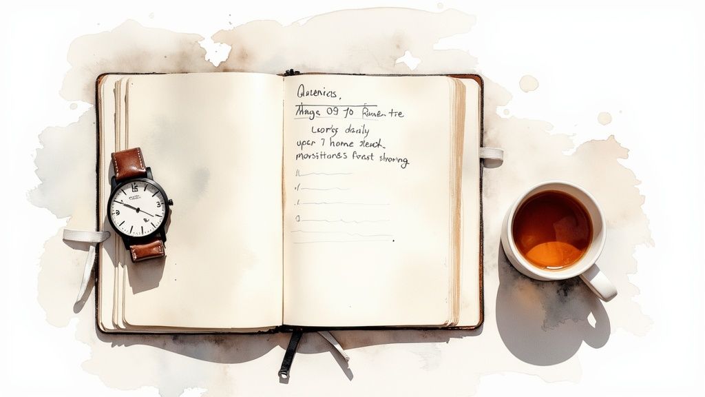 Flat lay of an open journal with handwritten notes, a watch, and a cup of coffee.