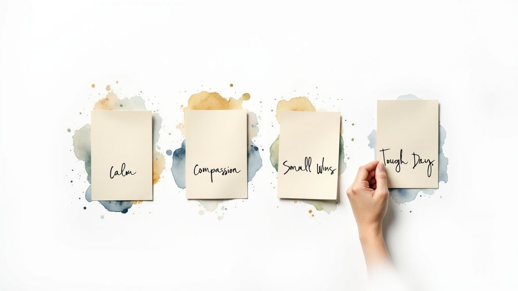 Hand holding card reading tough days beside calm compassion small wins motivational journal cards with watercolor splashes