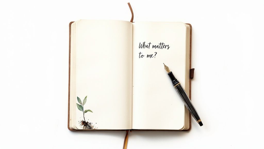 An open journal with 'What matters to me?' written, a fountain pen, and a seedling drawing.