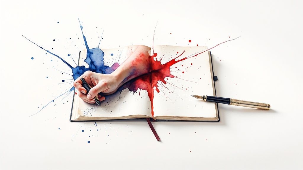 A person writing intensely in a journal, conveying a sense of emotional release and focus.