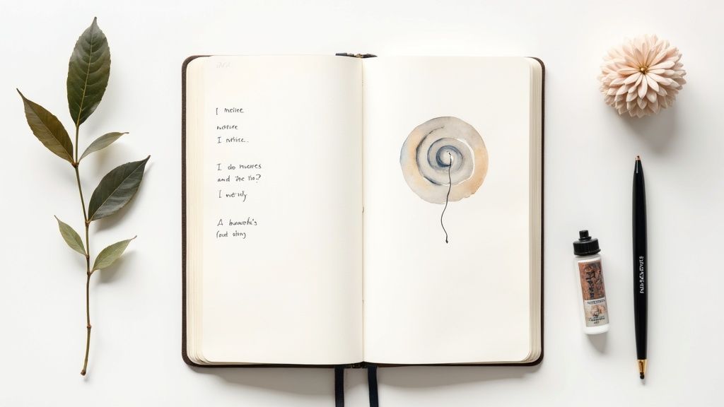 Open journal with handwritten poem and watercolor spiral drawing, a plant, and stationery on a white surface.