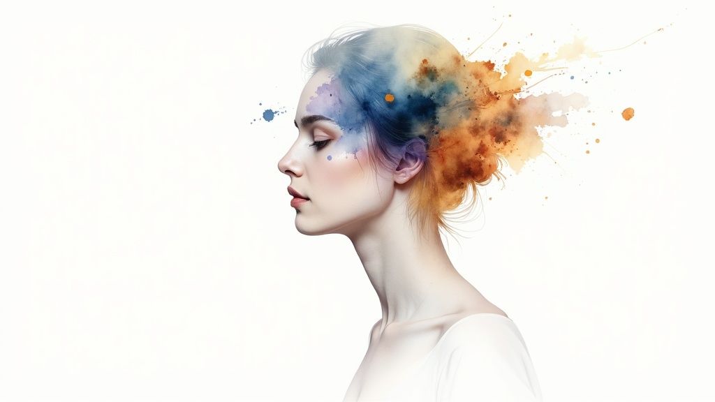 Woman in profile with watercolor paint splashes in blue and orange tones representing creative thoughts
