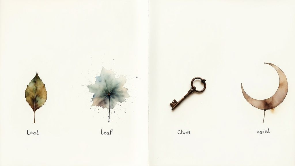 A detailed art journal page filled with personal symbols, icons, and illustrations representing different concepts and emotions.