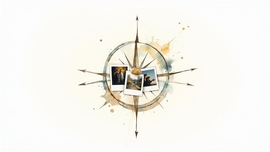 Artistic watercolor compass rose with polaroid photos of people and a road, symbolizing life's journey.