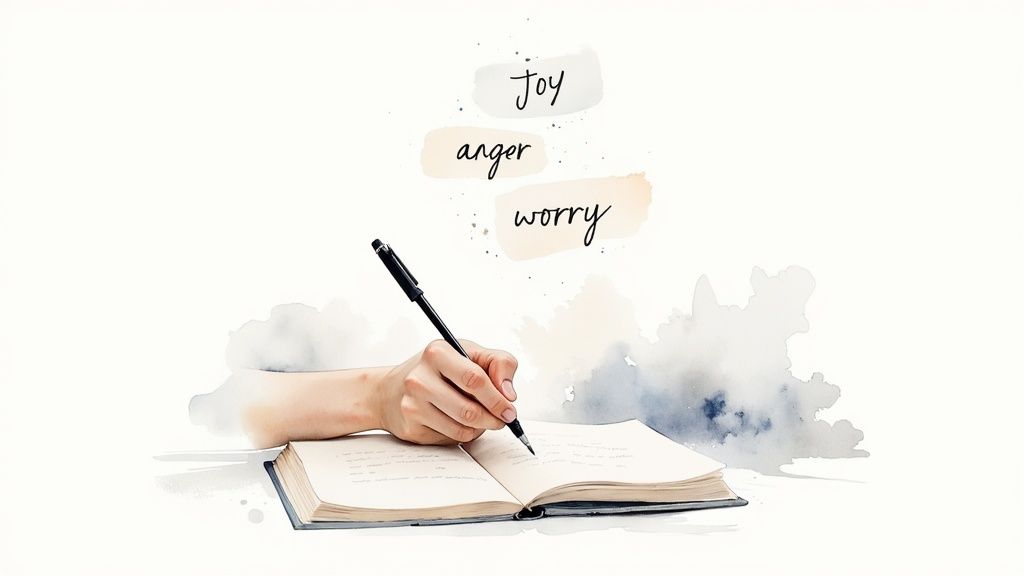 A hand writes in a journal with a pen, with words 'joy, anger, worry' floating above.