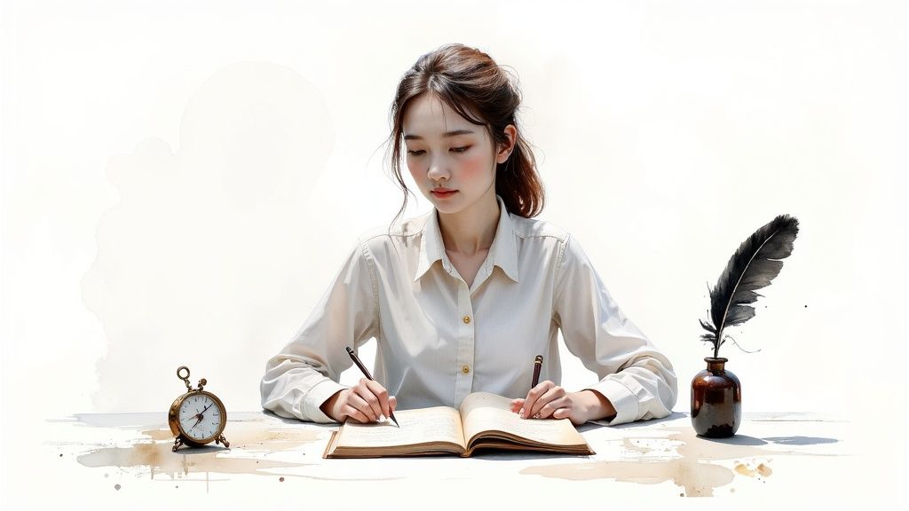 A young woman in a white shirt intently writes in an open book with a quill pen and an antique clock.