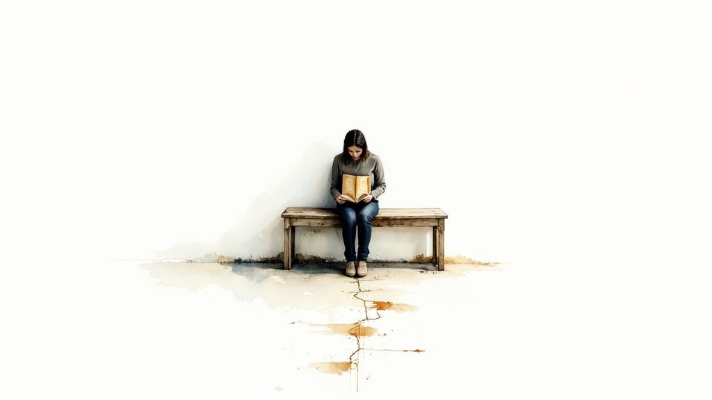 A person reads a book while seated on a rustic wooden bench, watercolor effects on a white background.