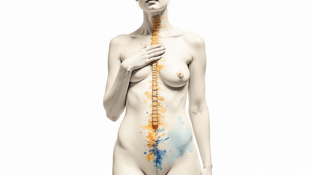 Artistic watercolor illustration of a female torso highlighting the spine with abstract colorful splashes.