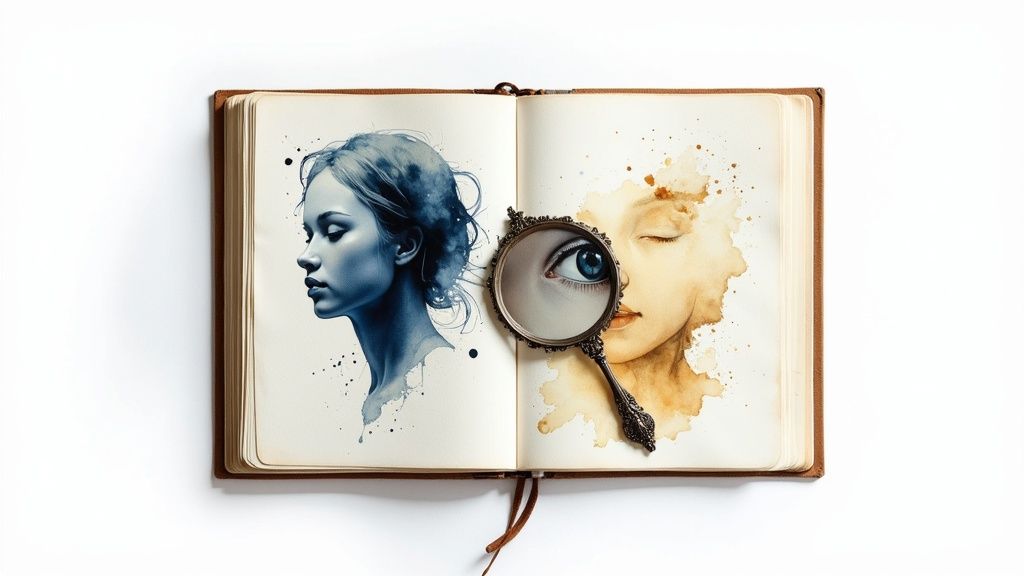 An open book displays two watercolor portraits of a woman's face, one blue, one sepia, with a magnifying glass over an eye.
