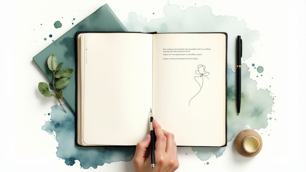 A hand holds a pen over an open journal, surrounded by green leaves and watercolor splashes.