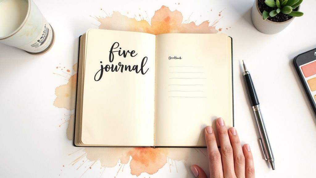 An open 'five journal' with 'Gratitude' prompts, a hand, pen, candle, and succulent.