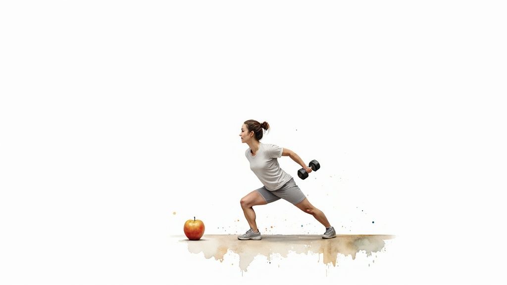 A woman performing a lunge exercise with a dumbbell, a red apple sits on the floor beside her.