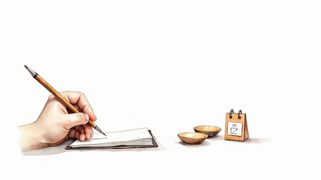 A watercolor illustration of a hand writing in a notebook with small bowls and a calendar.