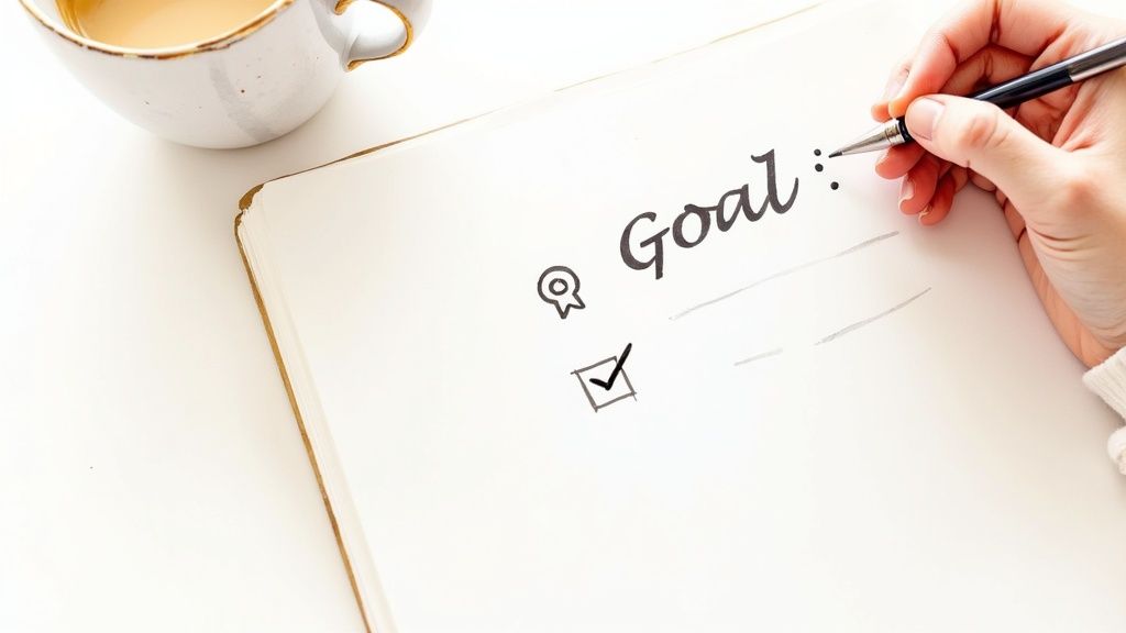 A hand writes 'Goal' in a notebook with checklist icons, next to a coffee cup.