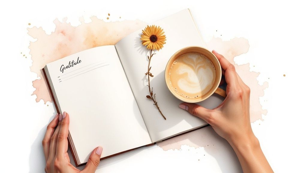 Woman holding coffee cup with gratitude journal and yellow flower on desk