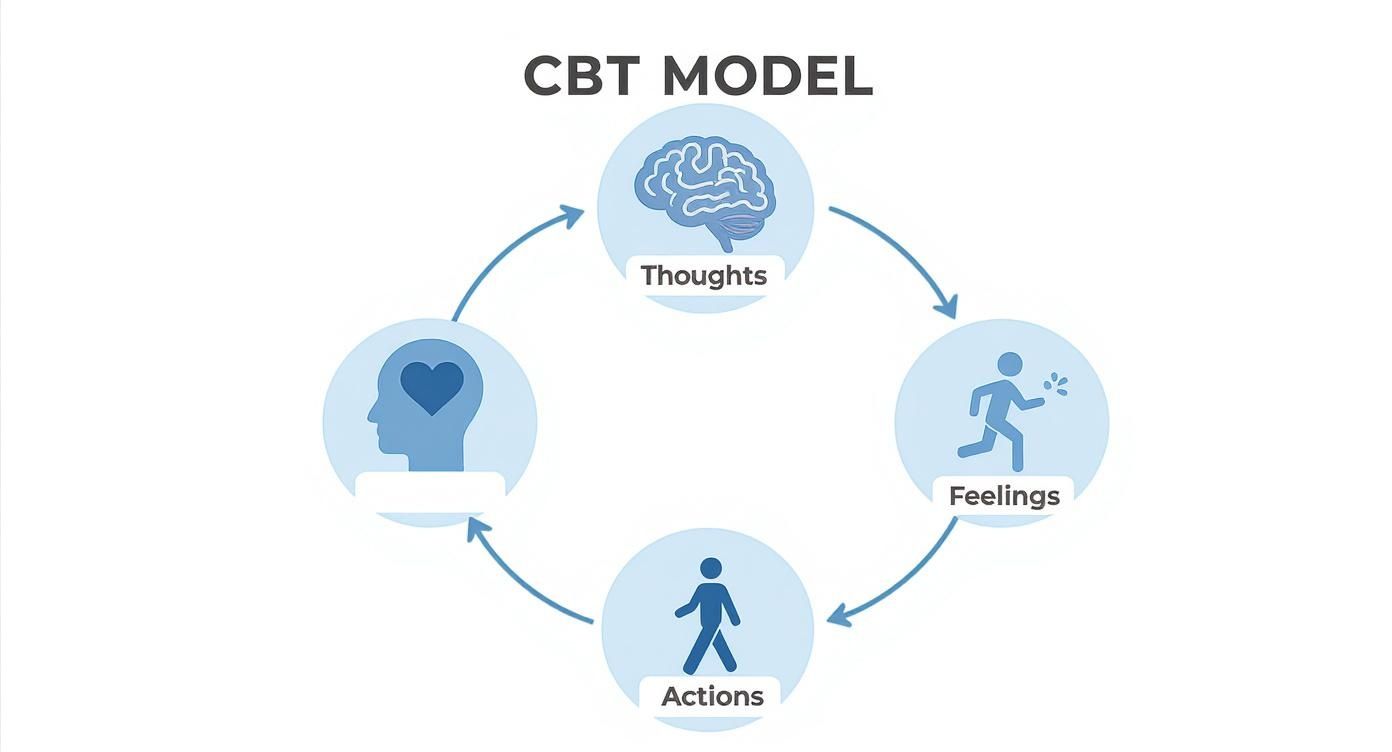 Diagram showing the Cognitive Behavioral Therapy (CBT) model with interconnected thoughts, feelings, actions, and self.