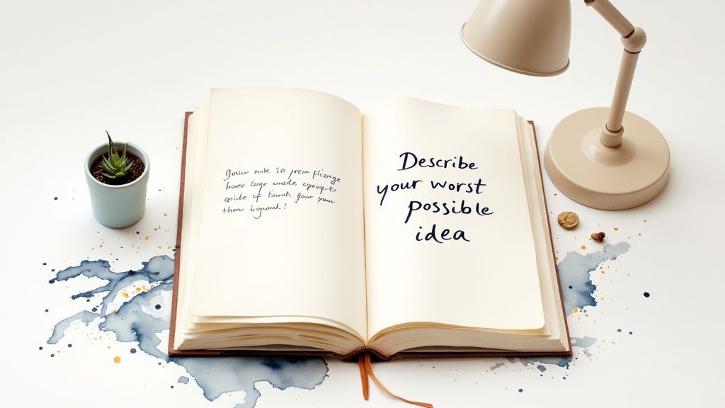 A person journaling in a notebook, surrounded by a calm and inspiring environment.