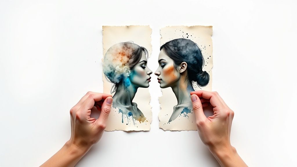 Hands holding two torn watercolor portrait halves of women facing each other representing self reflection